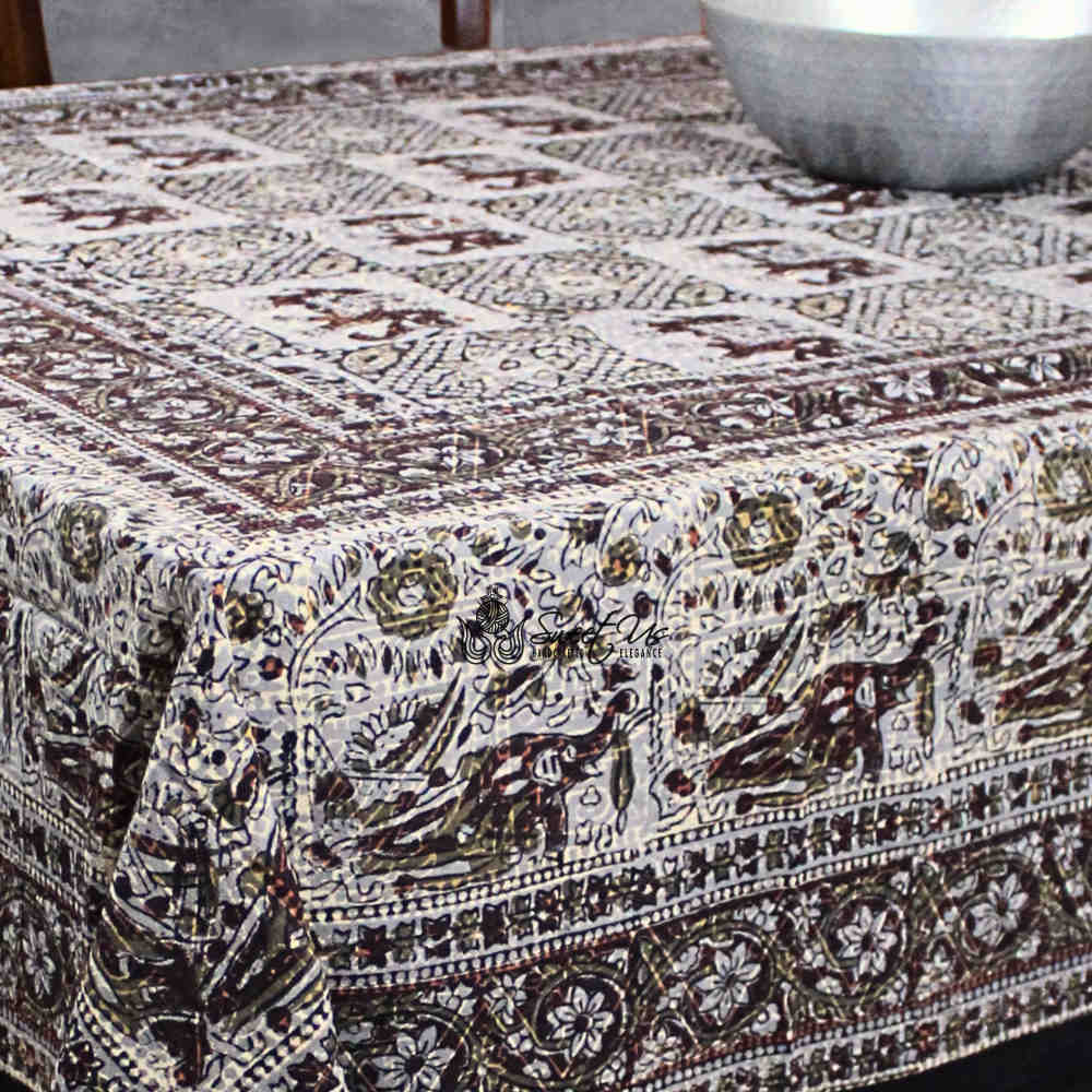 Tusker Trellis Block Print Batik Floral Tablecloth Rectangle, Dusky Horizon