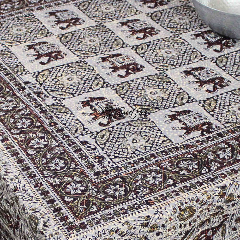 Tusker Trellis Block Print Batik Floral Tablecloth Rectangle, Dusky Horizon
