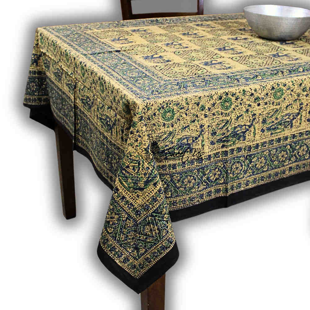 Tusker Trellis Block Print Batik Floral Tablecloth Rectangle, Seafoam