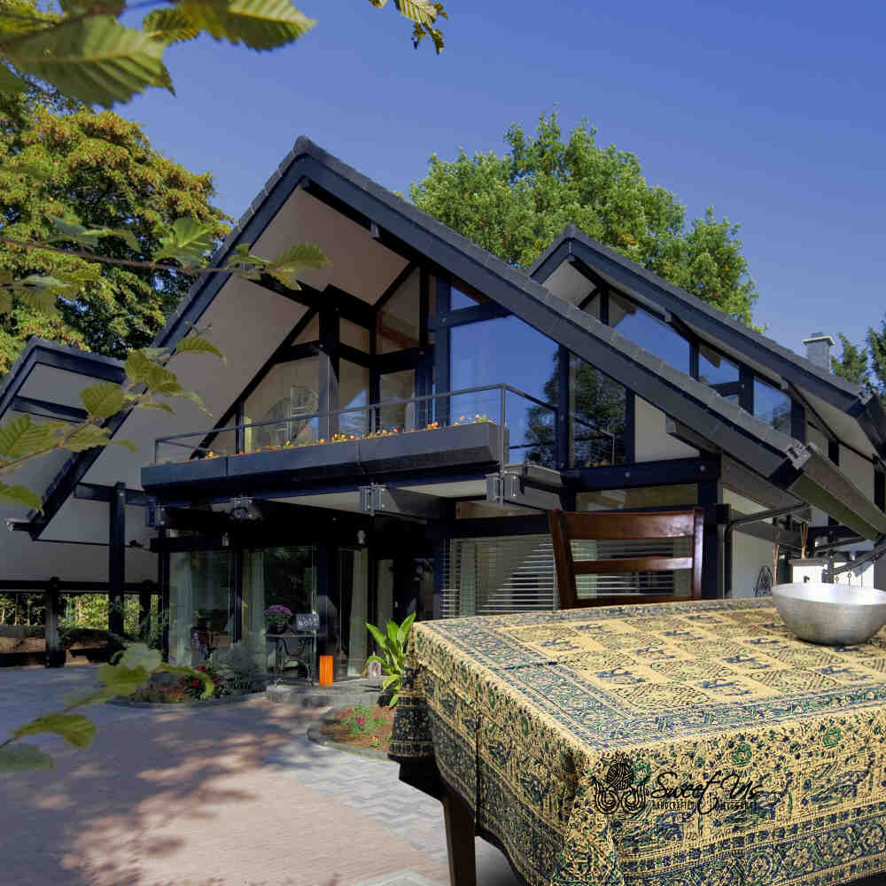 Tusker Trellis Block Print Batik Floral Tablecloth Rectangle, Seafoam