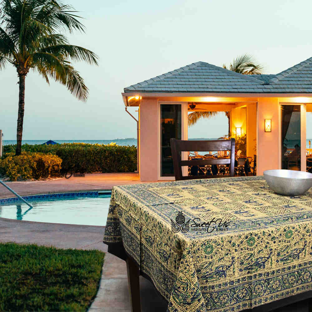 Tusker Trellis Block Print Batik Floral Tablecloth Rectangle, Seafoam