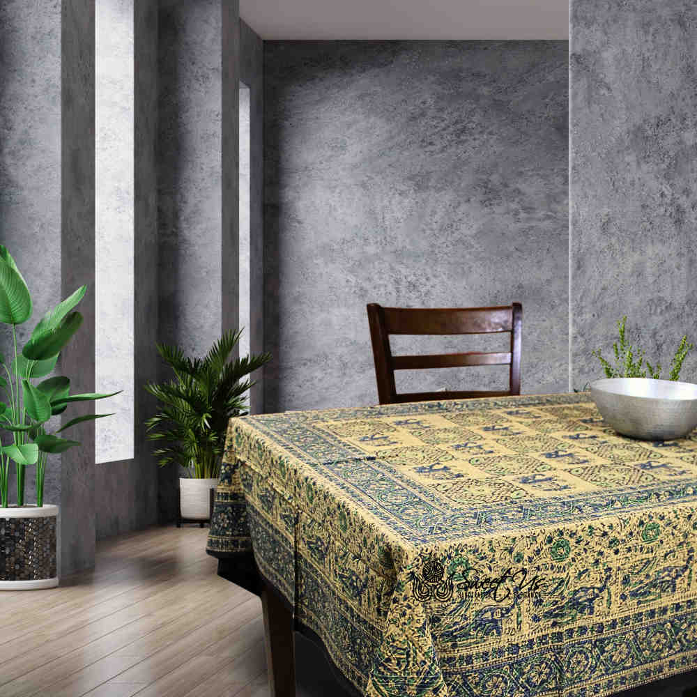 Tusker Trellis Block Print Batik Floral Tablecloth Rectangle, Seafoam