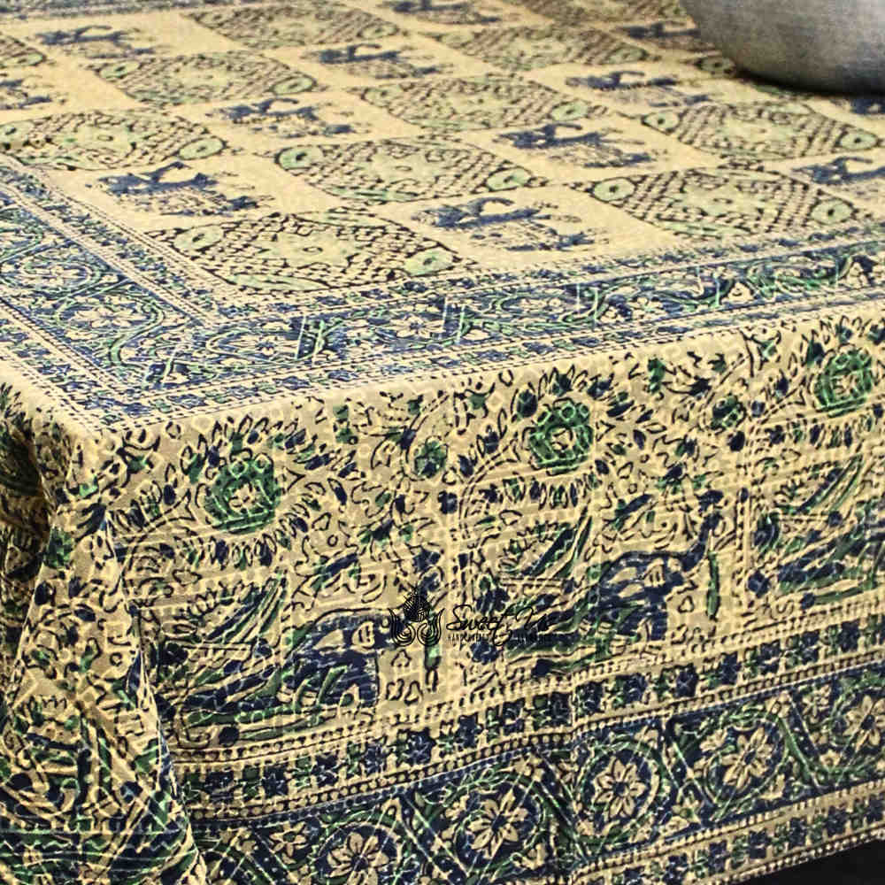 Tusker Trellis Block Print Batik Floral Tablecloth Rectangle, Seafoam