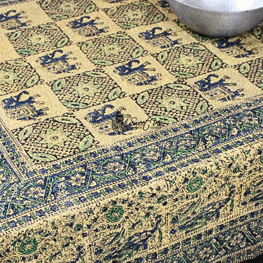 Tusker Trellis Block Print Batik Floral Tablecloth Rectangle, Seafoam