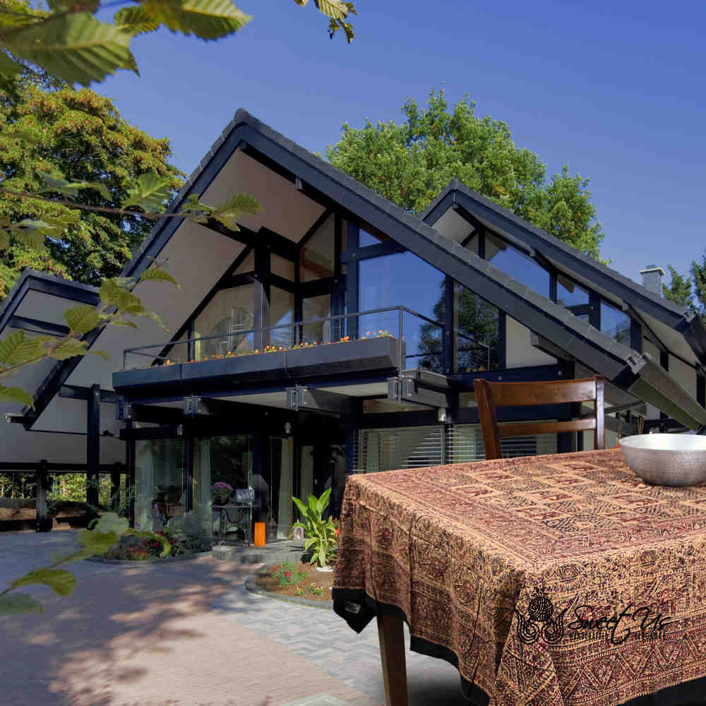 Tusker Trellis Block Print Batik Floral Tablecloth Rectangle, Rustic Reverie