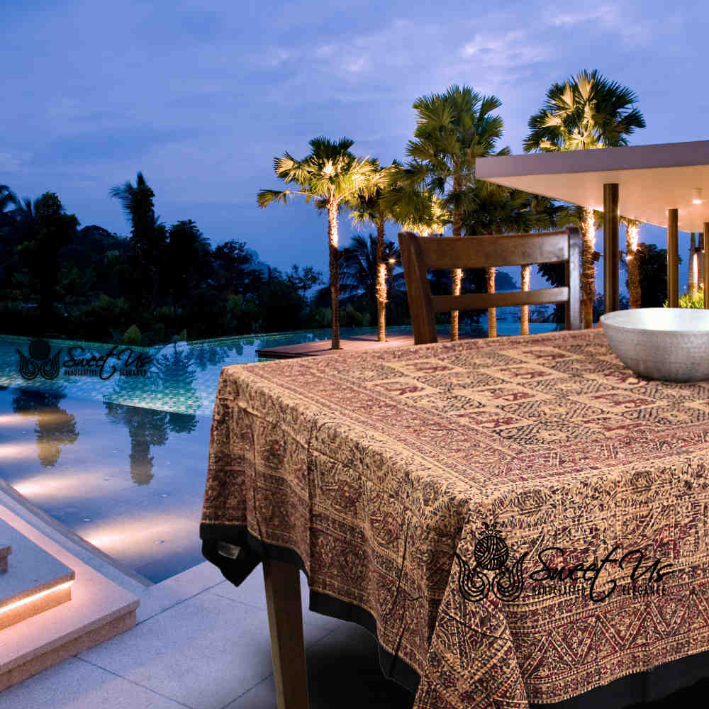 Tusker Trellis Block Print Batik Floral Tablecloth Rectangle, Rustic Reverie