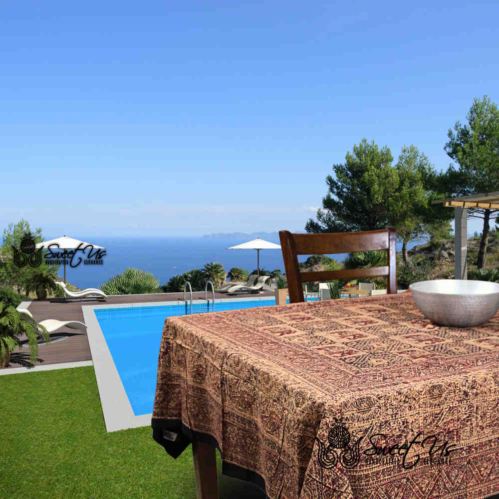 Tusker Trellis Block Print Batik Floral Tablecloth Rectangle, Rustic Reverie