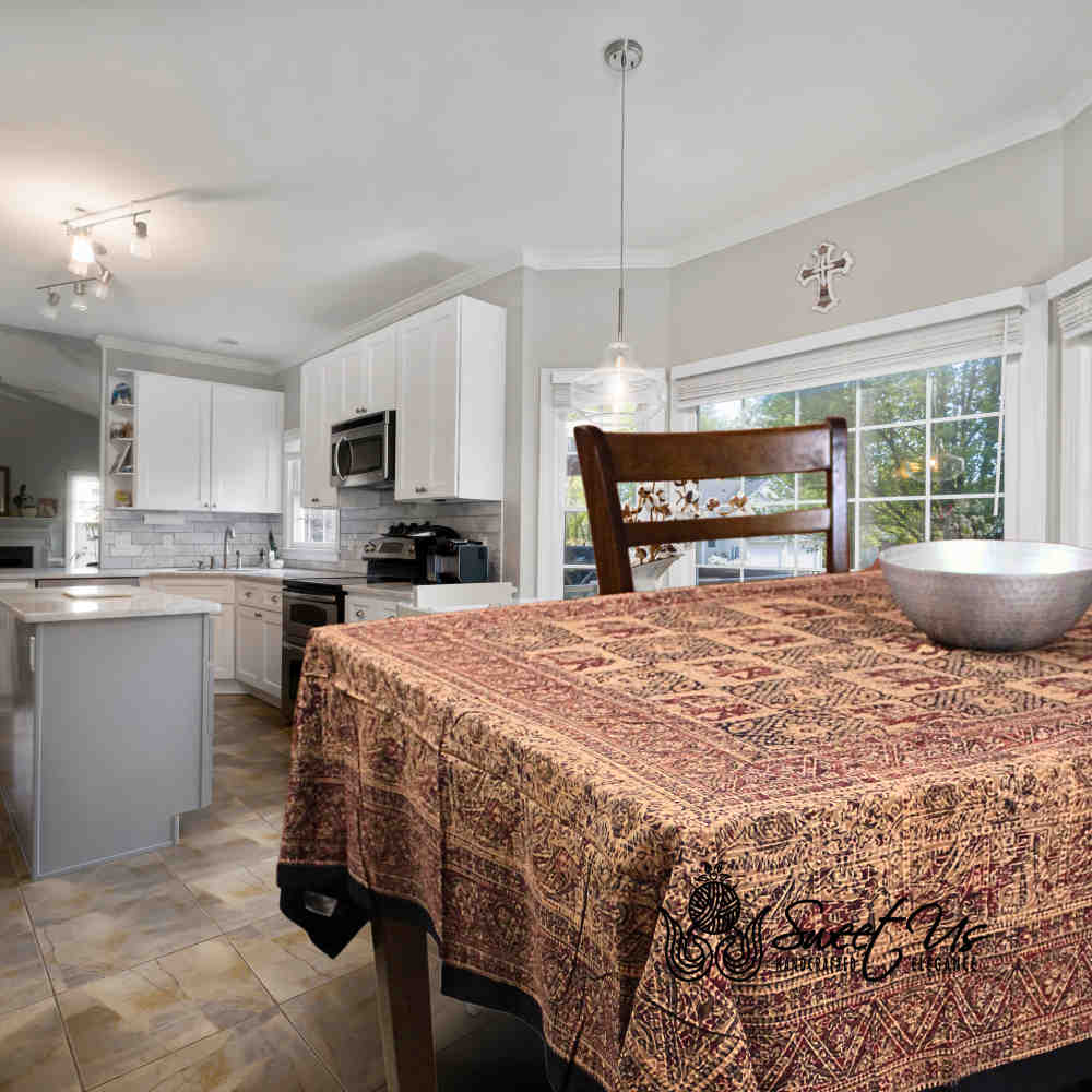 Tusker Trellis Block Print Batik Floral Tablecloth Rectangle, Rustic Reverie