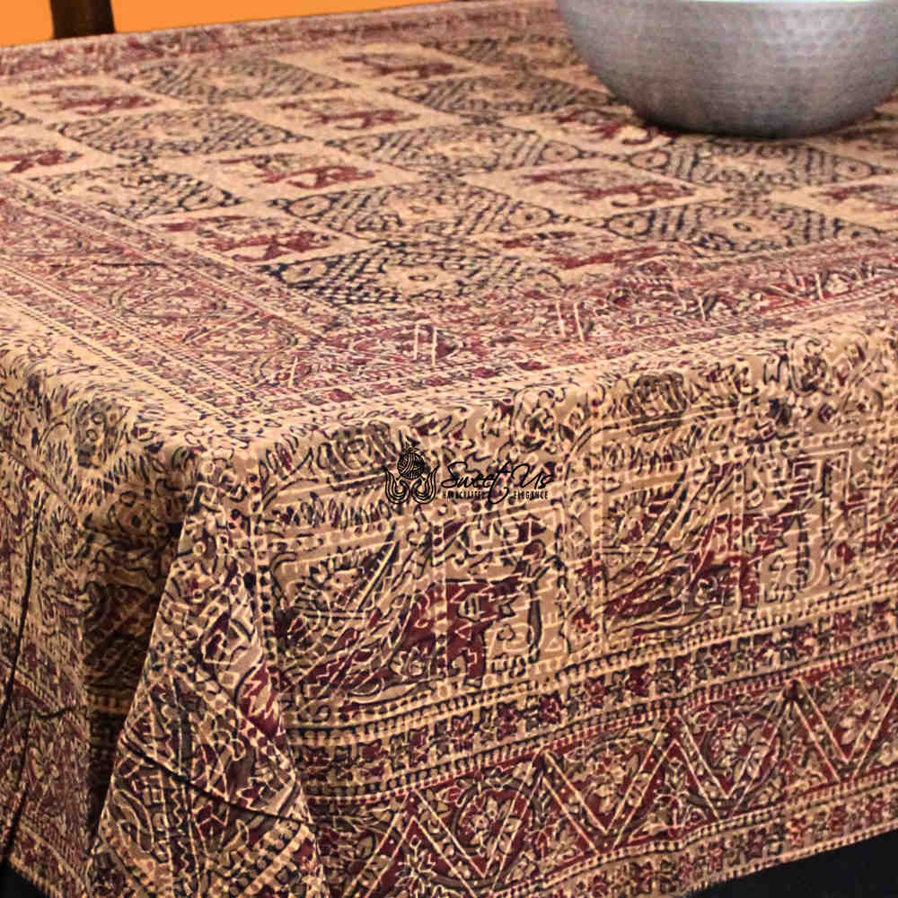 Tusker Trellis Block Print Batik Floral Tablecloth Rectangle, Rustic Reverie