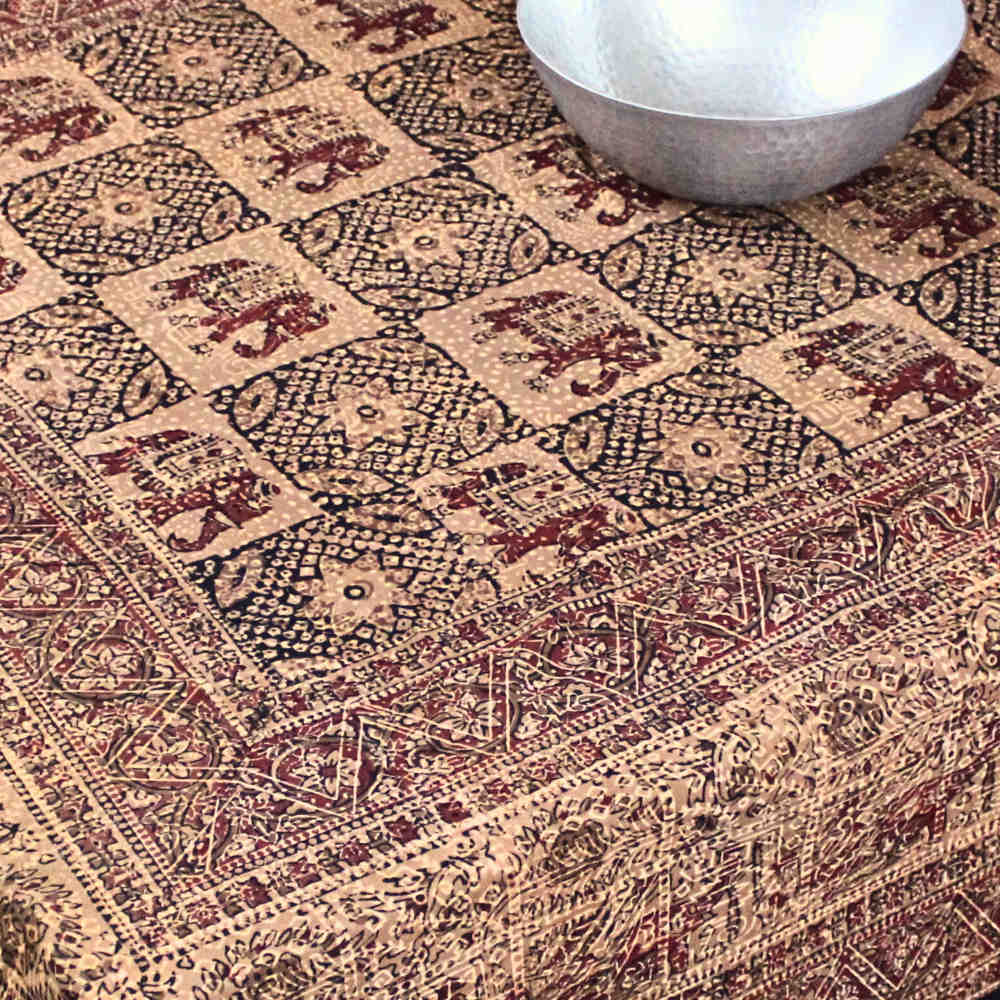 Tusker Trellis Block Print Batik Floral Tablecloth Rectangle, Rustic Reverie