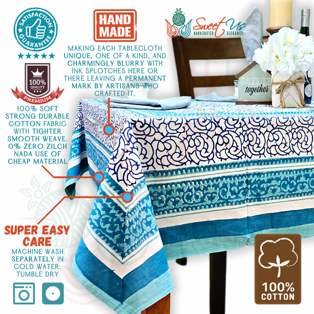 Cotton Eterna Vine Floral Tablecloth Rectangle White, Blue