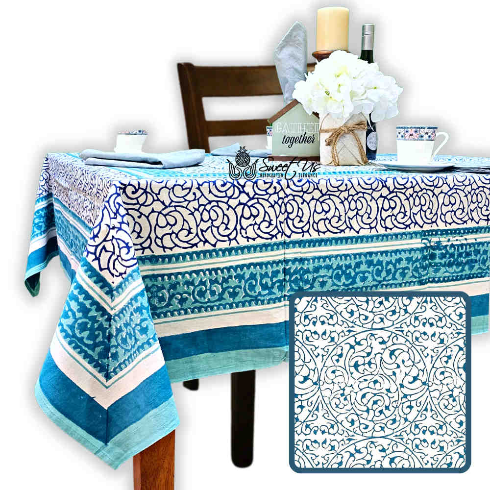 Cotton Eterna Vine Floral Tablecloth Rectangle White, Blue