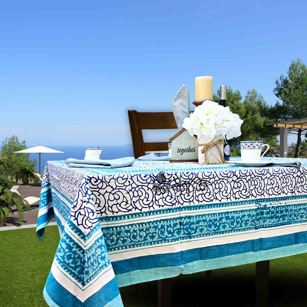 Cotton Eterna Vine Floral Tablecloth Rectangle White, Blue