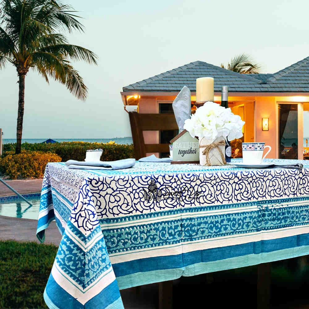 Cotton Eterna Vine Floral Tablecloth Rectangle White, Blue