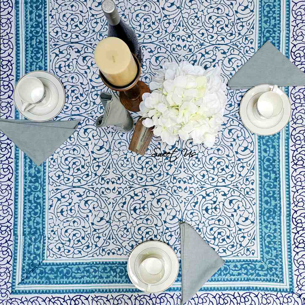 Cotton Eterna Vine Floral Tablecloth Rectangle White, Blue