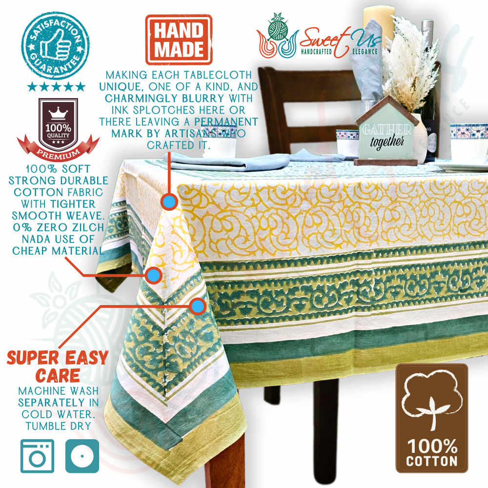 Cotton Eterna Vine Floral Tablecloth Rectangle, White, Green, Yellow