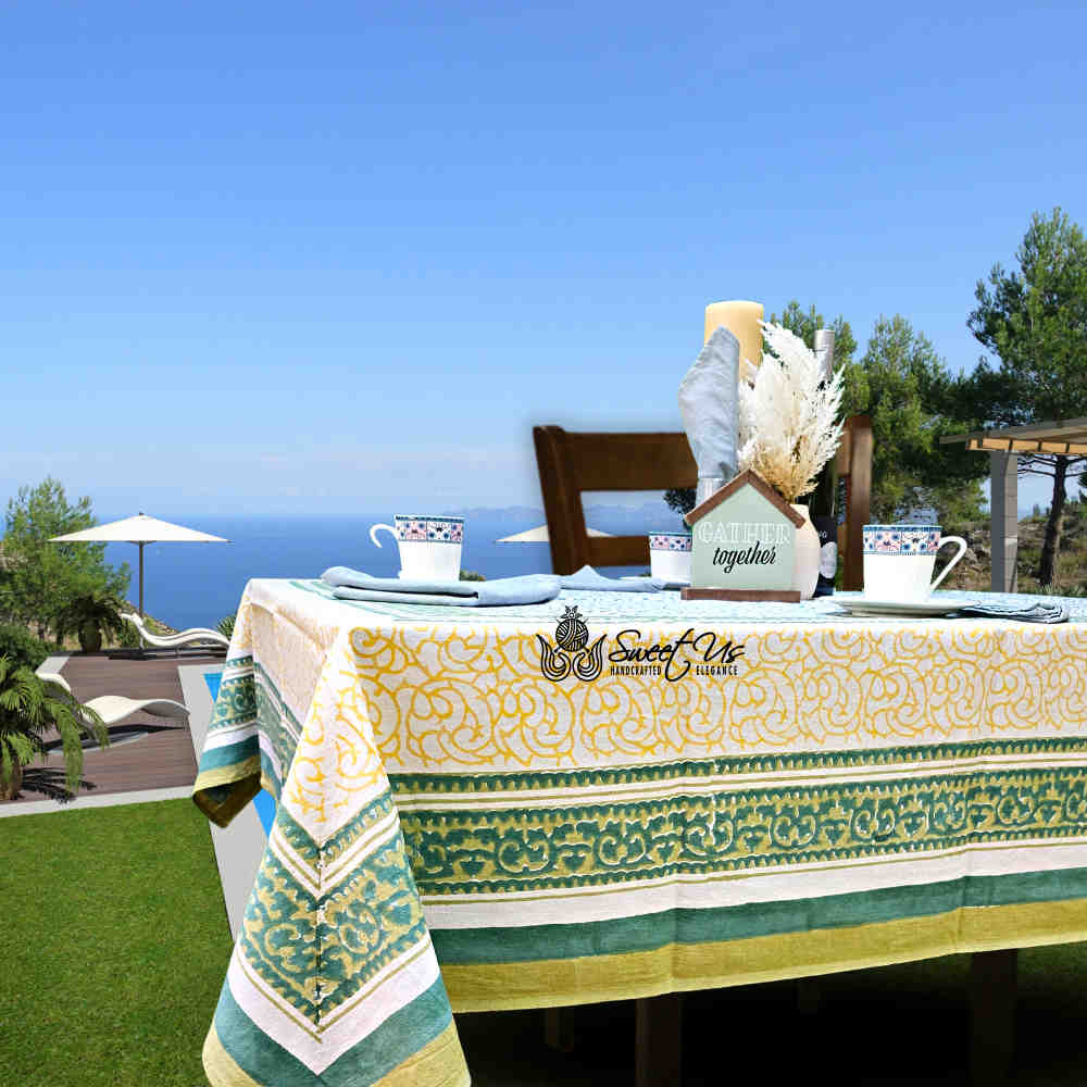 Cotton Eterna Vine Floral Tablecloth Rectangle, White, Green, Yellow