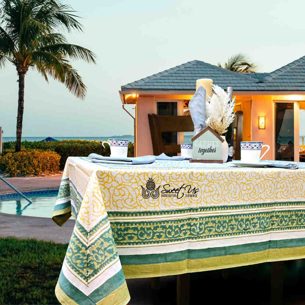 Cotton Eterna Vine Floral Tablecloth Rectangle, White, Green, Yellow