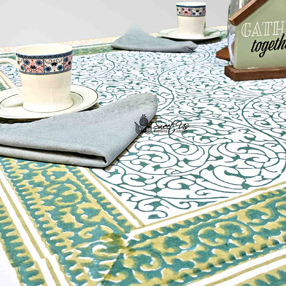 Cotton Eterna Vine Floral Tablecloth Rectangle, White, Green, Yellow