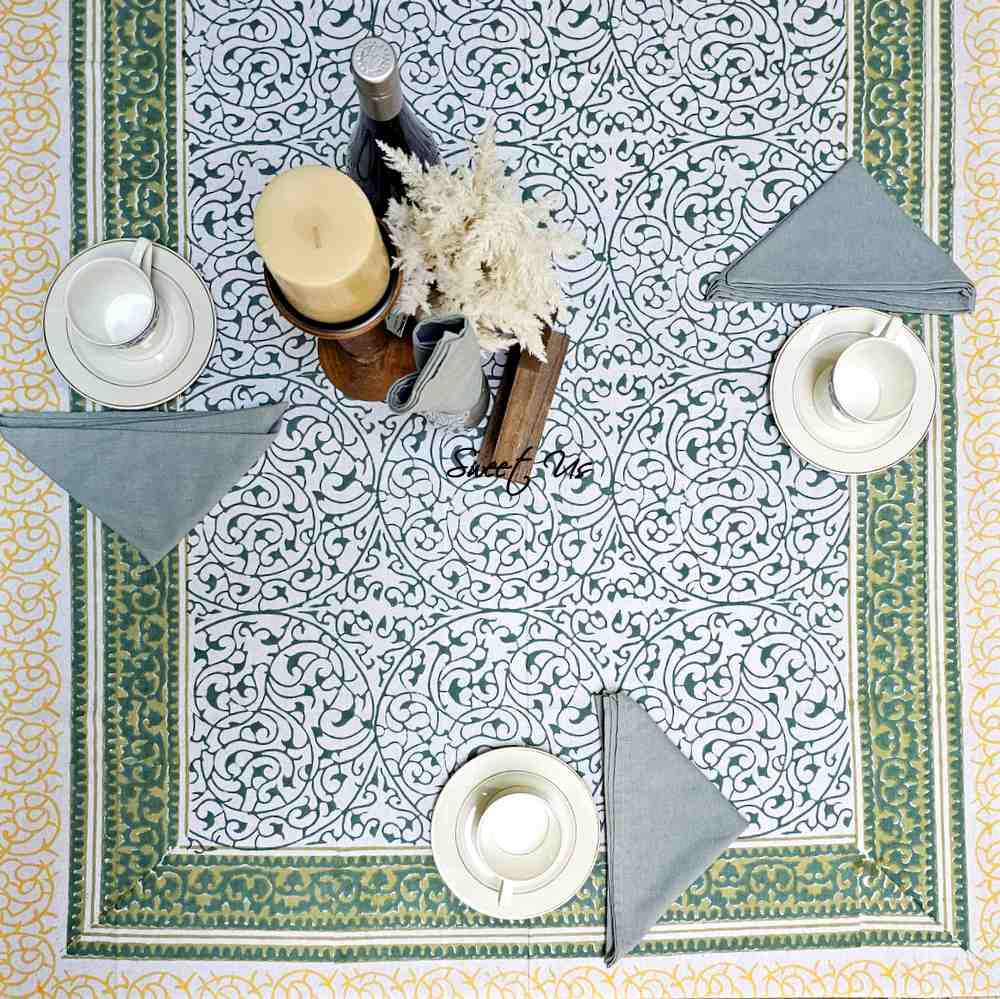 Cotton Eterna Vine Floral Tablecloth Rectangle, White, Green, Yellow