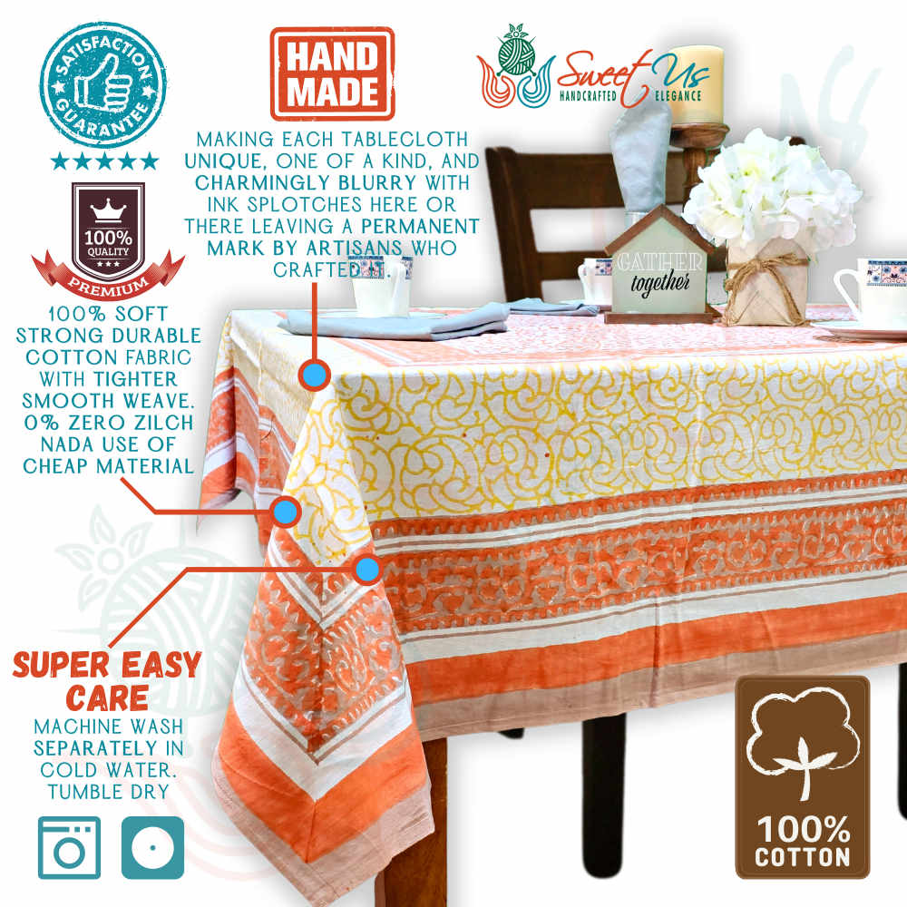 Cotton Eterna Vine Floral Tablecloth Rectangle White, Peach, Yellow