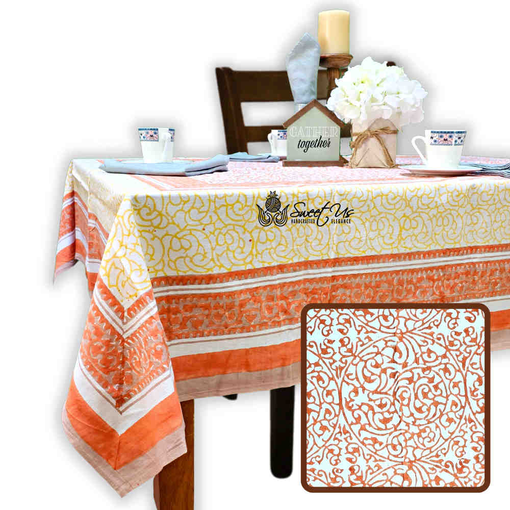 Cotton Eterna Vine Floral Tablecloth Rectangle White, Peach, Yellow