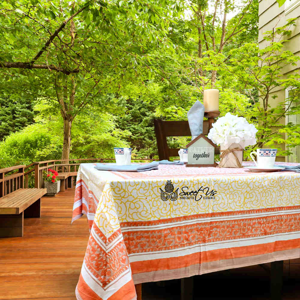 Cotton Eterna Vine Floral Tablecloth Rectangle White, Peach, Yellow