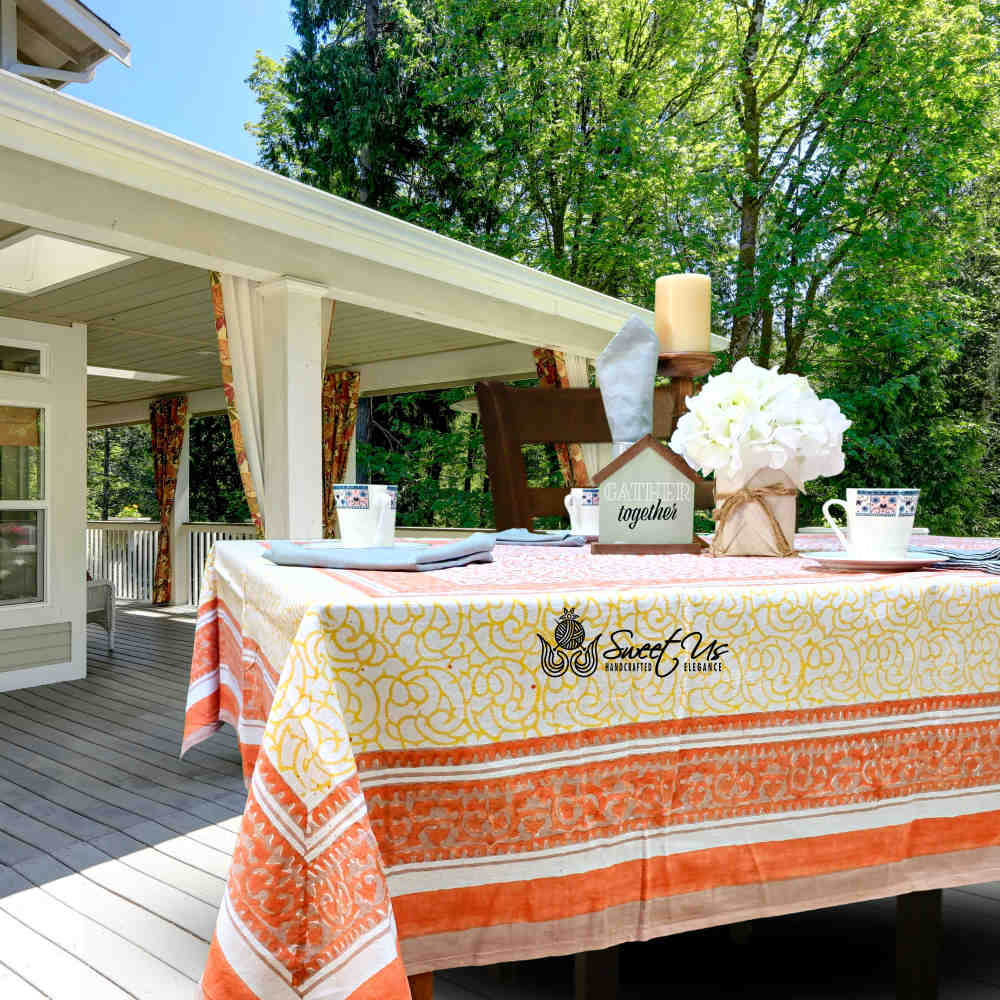 Cotton Eterna Vine Floral Tablecloth Rectangle White, Peach, Yellow