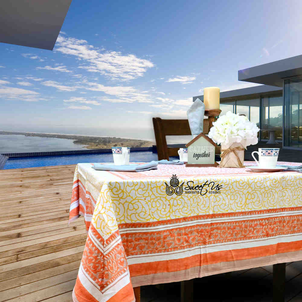 Cotton Eterna Vine Floral Tablecloth Rectangle White, Peach, Yellow