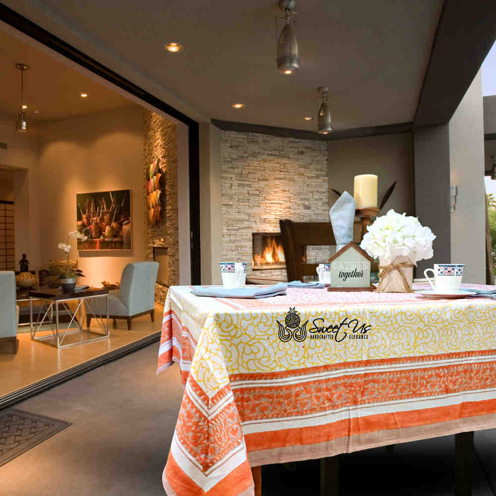 Cotton Eterna Vine Floral Tablecloth Rectangle White, Peach, Yellow