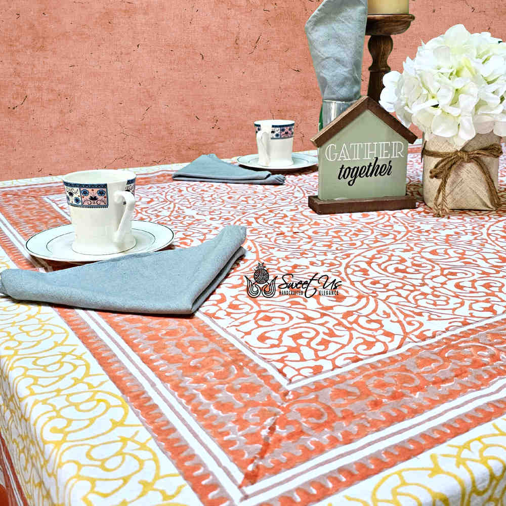 Cotton Eterna Vine Floral Tablecloth Rectangle White, Peach, Yellow