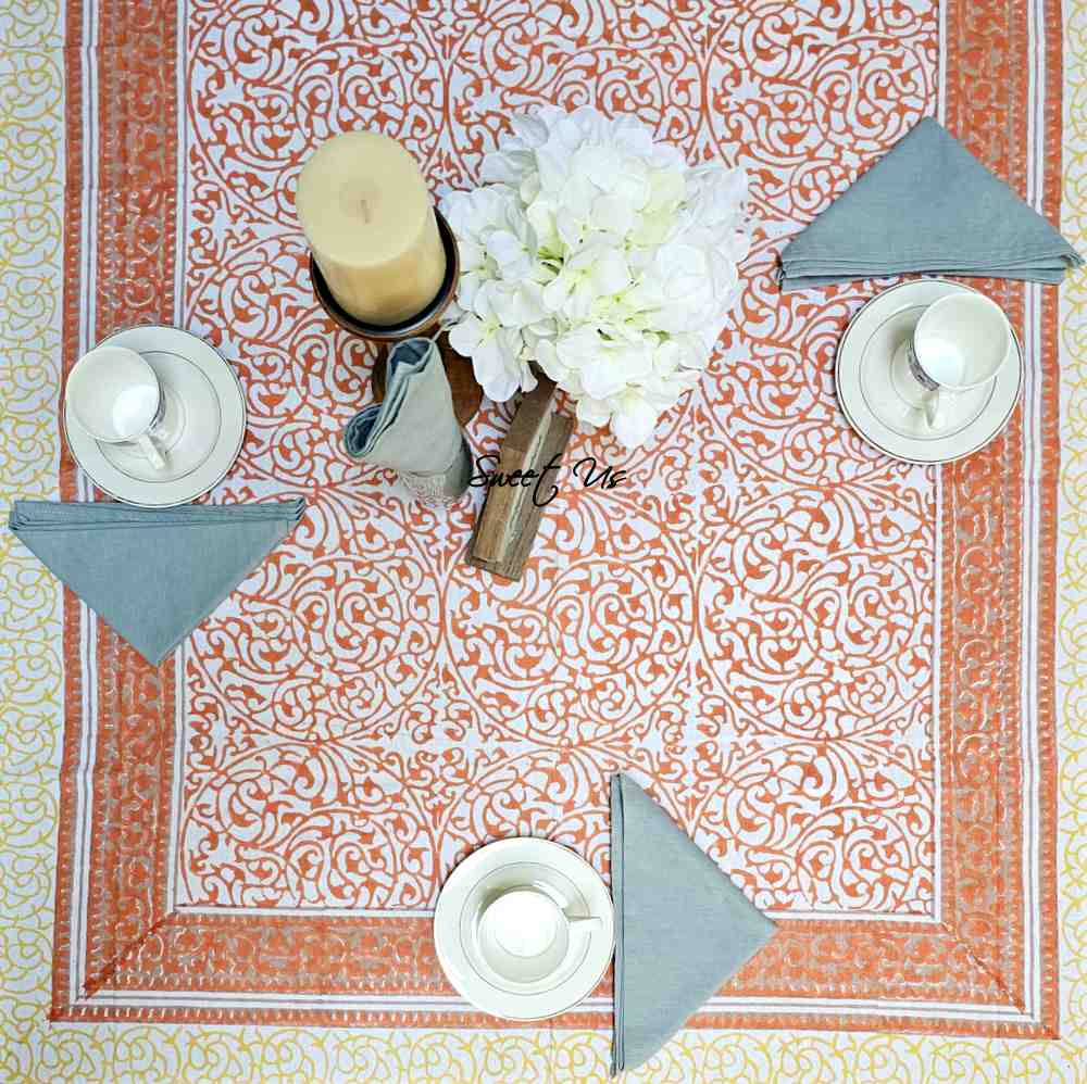 Cotton Eterna Vine Floral Tablecloth Rectangle White, Peach, Yellow