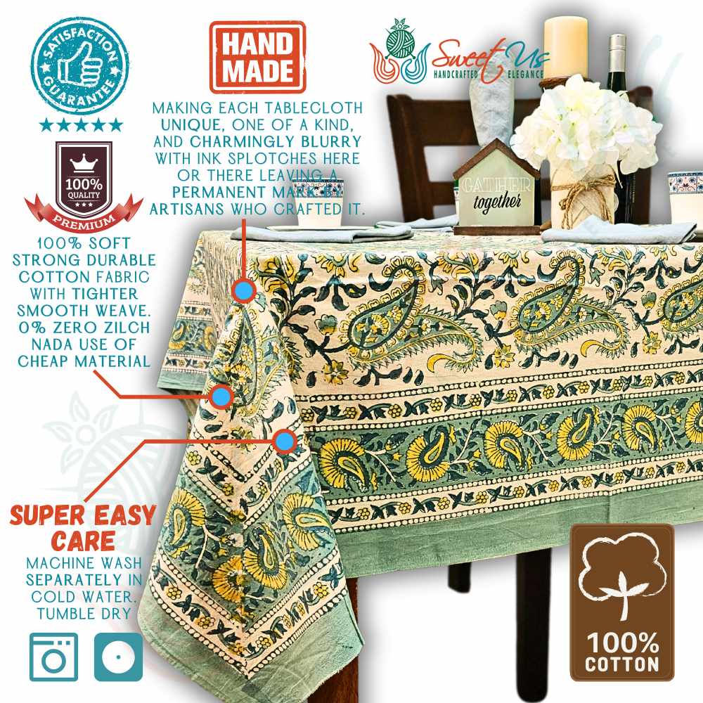 Parisian Paisley Floral Block Print Cotton Tablecloth Square, Lime Terrace