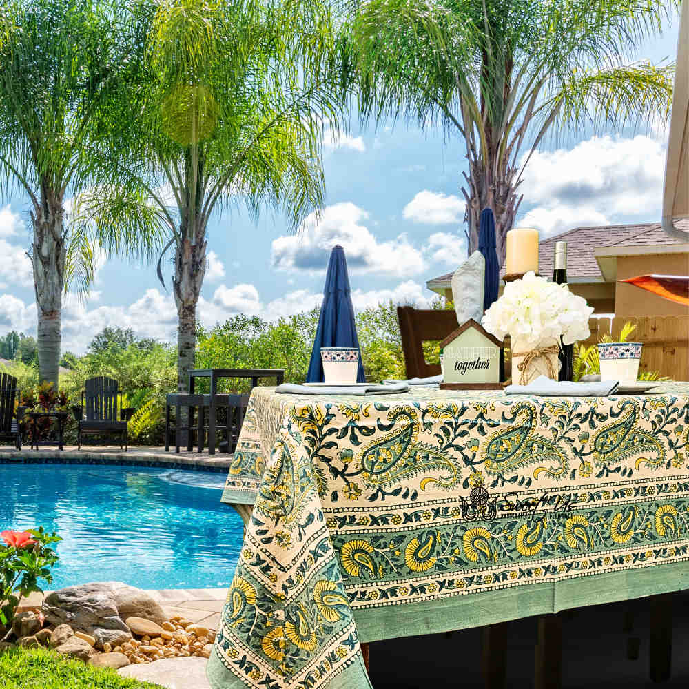 Parisian Paisley Floral Block Print Cotton Tablecloth Square, Lime Terrace