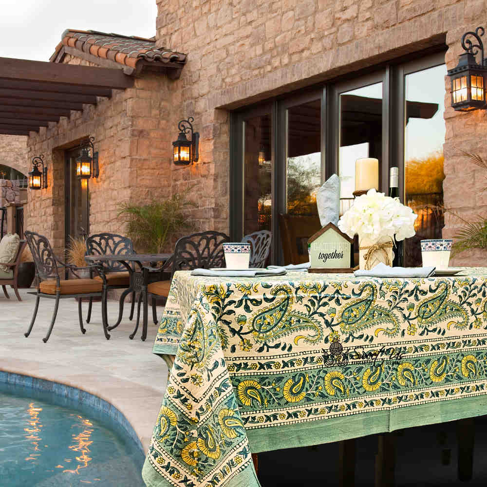 Parisian Paisley Floral Block Print Cotton Tablecloth Square, Lime Terrace