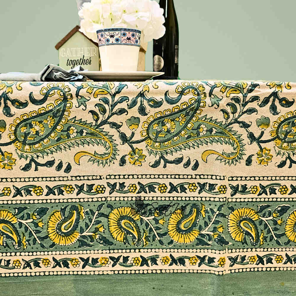 Parisian Paisley Floral Block Print Cotton Tablecloth Square, Lime Terrace