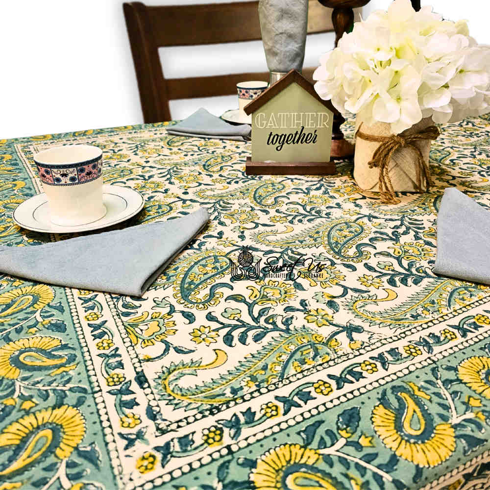 Parisian Paisley Floral Block Print Cotton Tablecloth Square, Lime Terrace