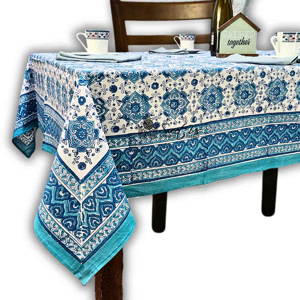 Springtime Splendor Cotton Floral Tablecloth Rectangle, Ice Blue