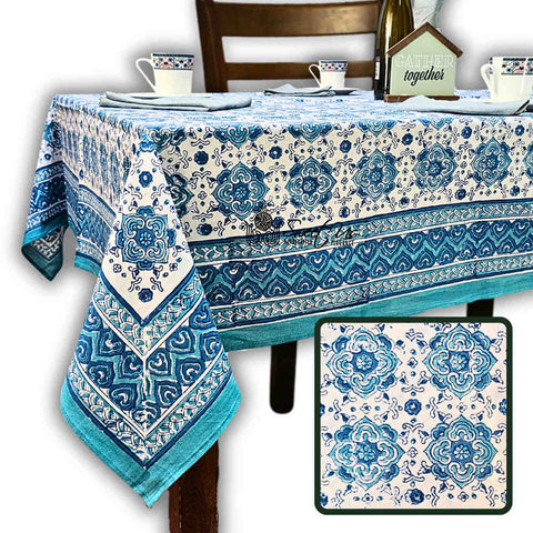 Springtime Splendor Cotton Floral Tablecloth Rectangle, Ice Blue