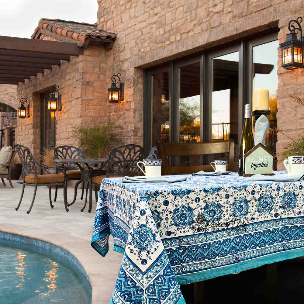 Springtime Splendor Cotton Floral Tablecloth Rectangle, Ice Blue