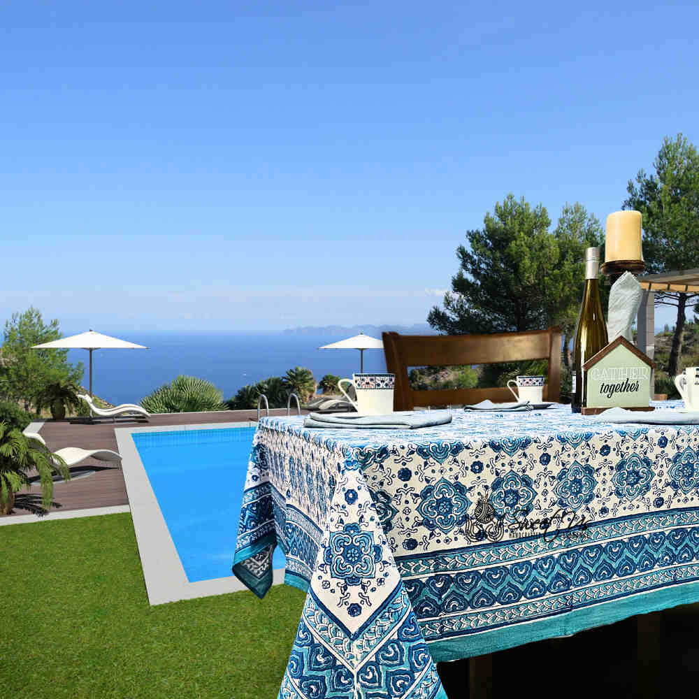 Springtime Splendor Cotton Floral Tablecloth Rectangle, Ice Blue