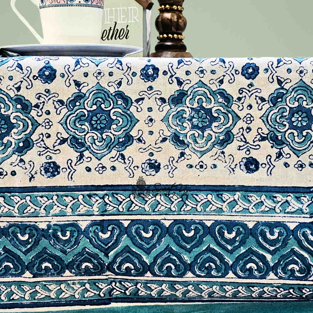 Springtime Splendor Cotton Floral Tablecloth Rectangle, Ice Blue