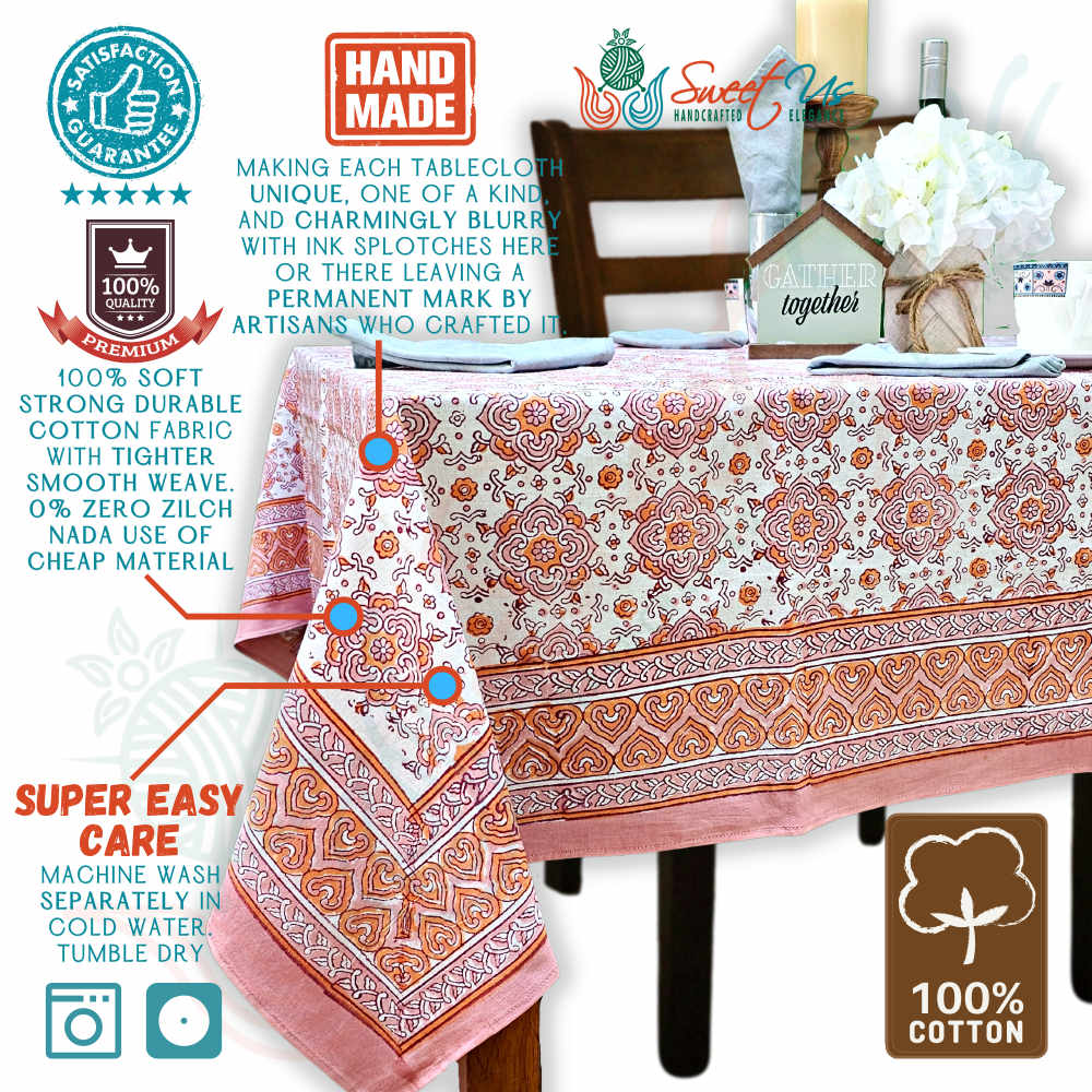 Springtime Splendor Cotton Floral Tablecloth Rectangle, Peach Harmony