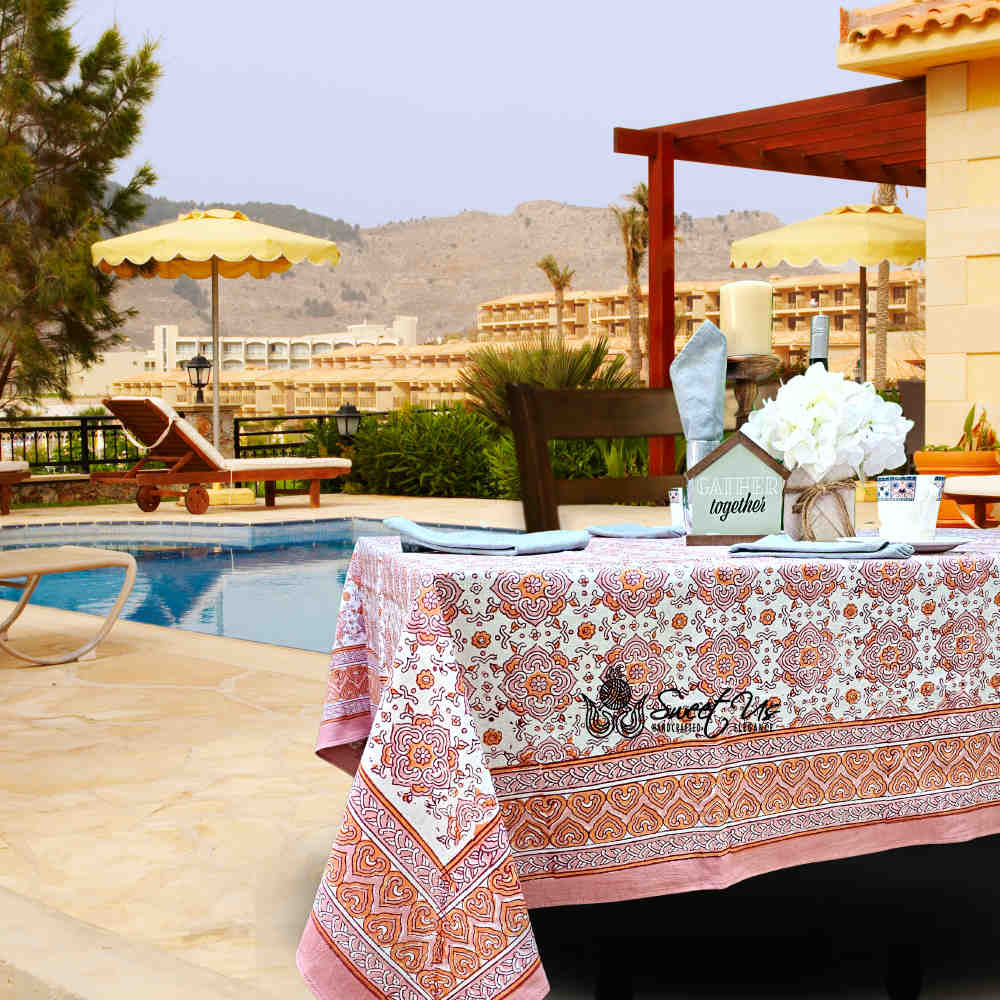 Springtime Splendor Cotton Floral Tablecloth Rectangle, Peach Harmony