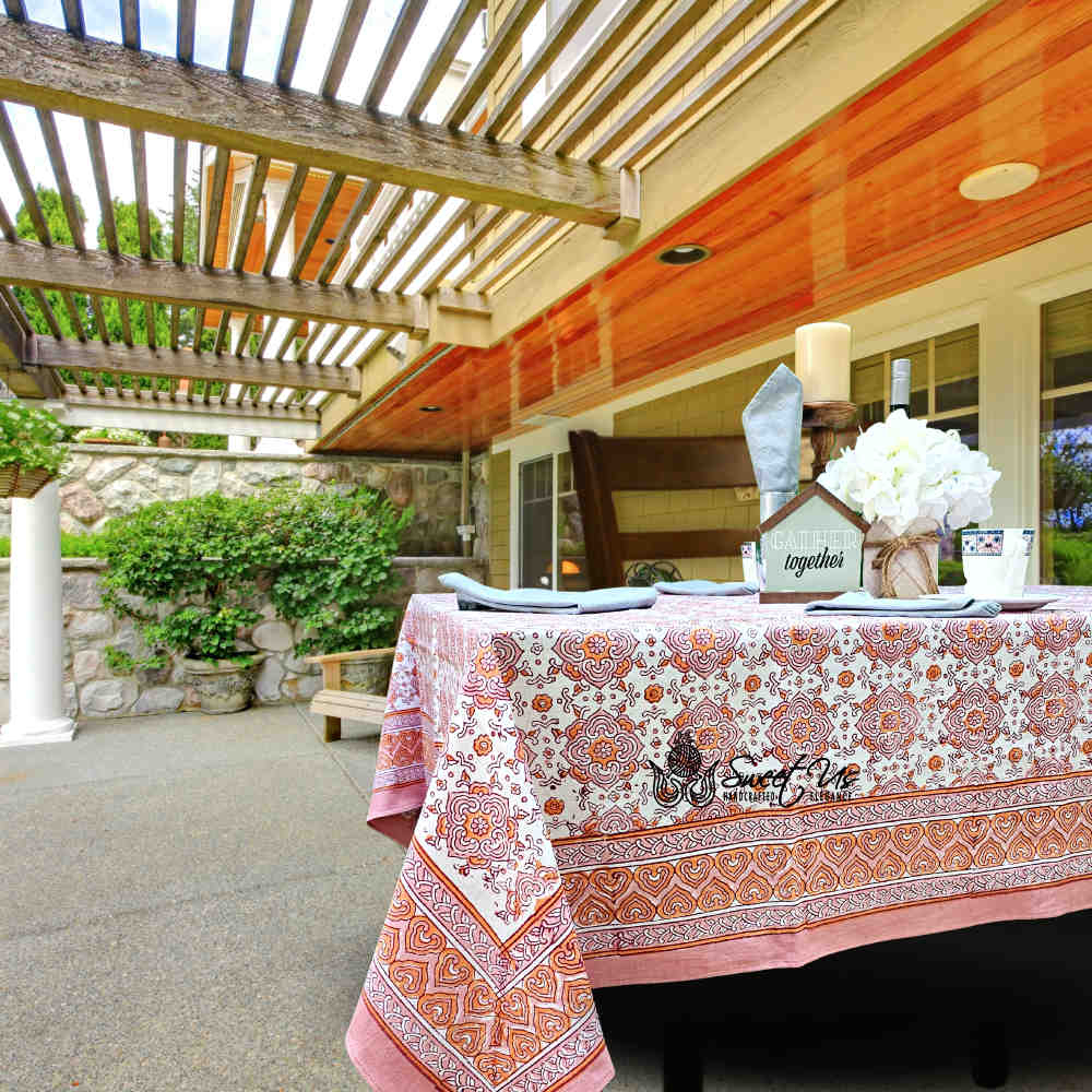 Springtime Splendor Cotton Floral Tablecloth Rectangle, Peach Harmony