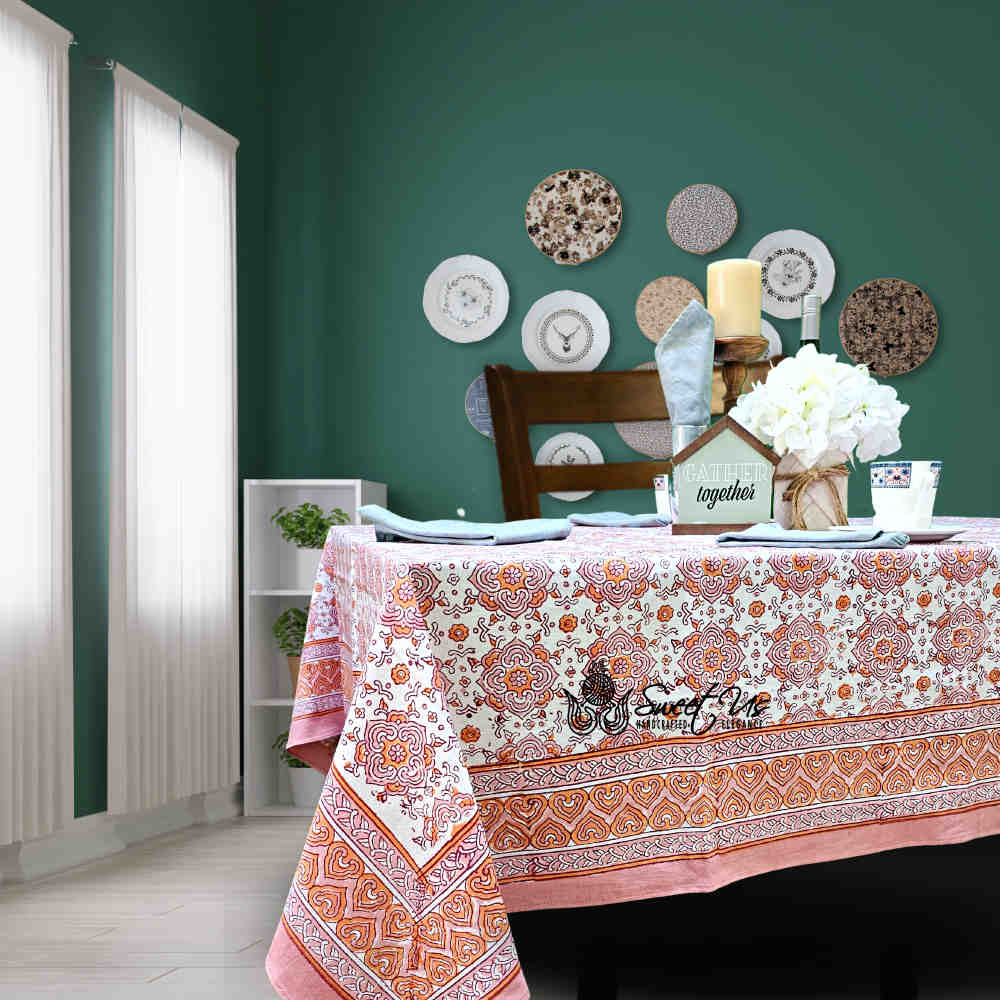 Springtime Splendor Cotton Floral Tablecloth Rectangle, Peach Harmony