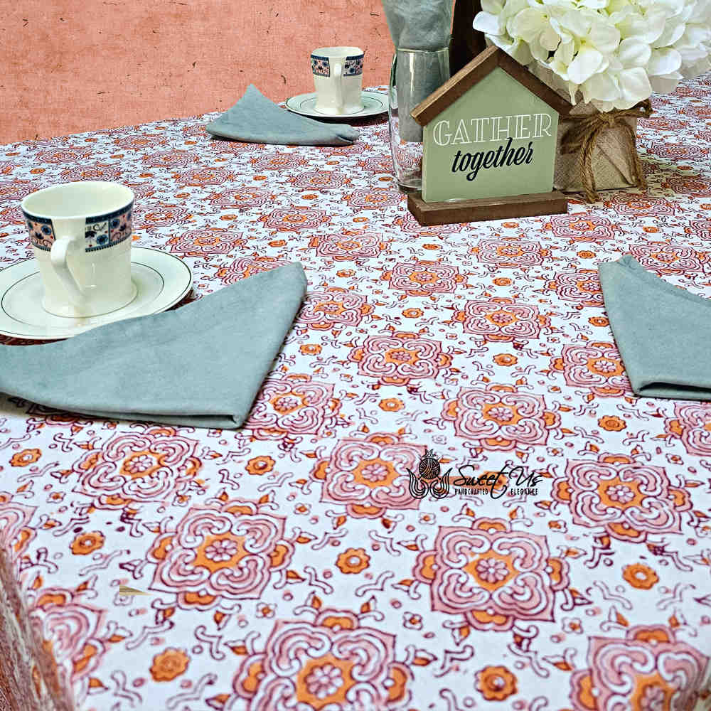 Springtime Splendor Cotton Floral Tablecloth Rectangle, Peach Harmony