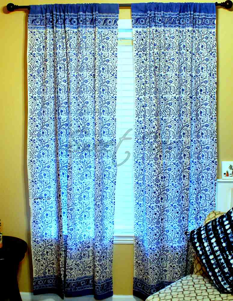 Cotton Block Print Floral Curtain Drape Blue White 46x88 Door Panel