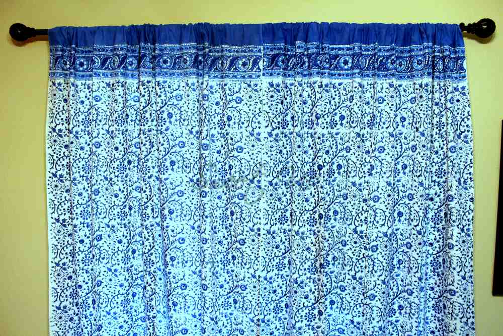 Cotton Block Print Floral Curtain Drape Blue White 46x88 Door Panel