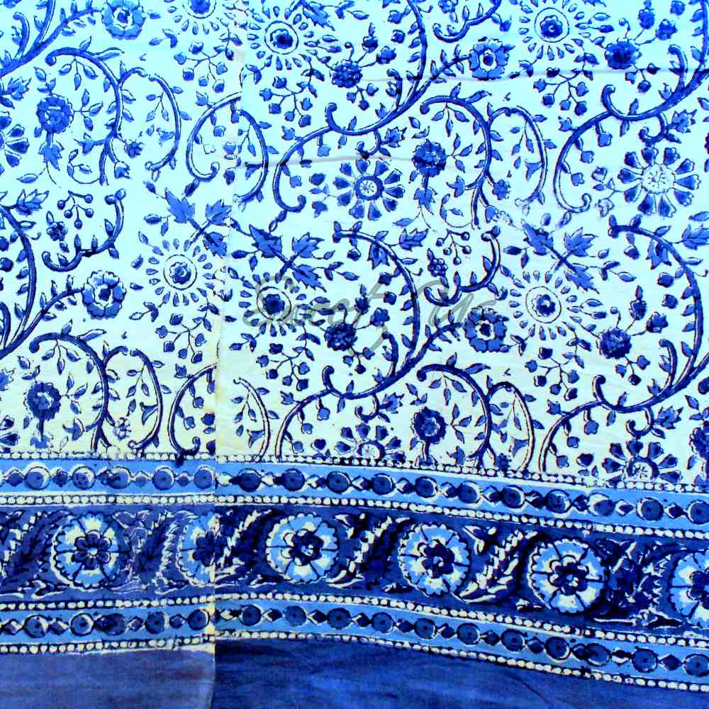 Cotton Block Print Floral Curtain Drape Blue White 46x88 Door Panel